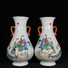 A Pair of Exquisite Wucai Figure Pattern Double-Ears Vases