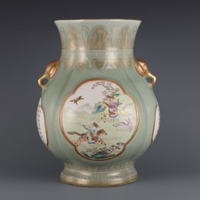 A Rare Celadon Glazed Famille-Rose Painted Gold Hunting Pattern Elephant-Ears Vase,With Poem