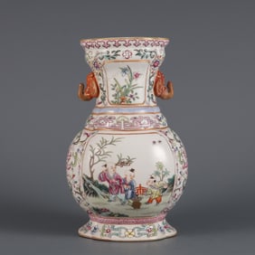 An Exquisite Famille-Rose Painted Gold Lotus and Figure Pattern Elephant-Ears Vase