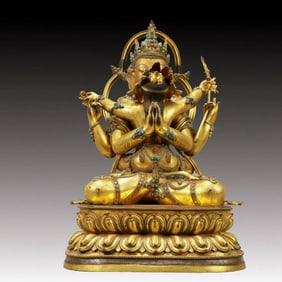 A Solemn Gilt Bronze Statue of Avalokitesvara,Inlaid Turquoise