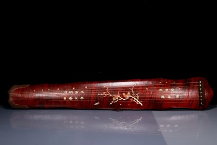 A Huge Wooden Lacquer Flower and Bird Pattern Qin,with poem