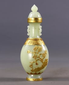 An Exquisite White Jade Cover with Gold Flower Pattern Double-Ears Bottle