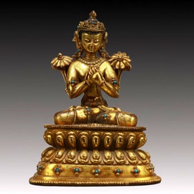 A Solemn Gilt Bronze Statue of Bodhisattva,Inlaid Turquoise