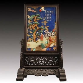 A Huge Zitanwood Inlaid Lapis Lazuli Character and Story Pattern Table Screen,Inlaid Gems,with an