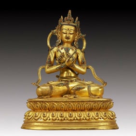 A Solemn Gilt Bronze Statue of Bodhisattva,Inlaid Turquoise