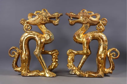 A Pair of Rare Gilt Bronze Dragon Ornaments