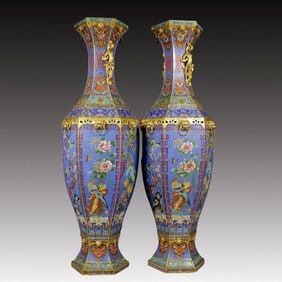 A Pair of Huge Cloisonne Flower and Bird Pattern Double-Ears Vases