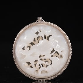An Exquisite Silver Inlaid White Jade Flower and Bird Pattern Pendant