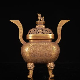 An Exquisite Gilt Bronze Eight Treasures and Dragon Pattern Double-Ears Beast-Legs Censer
