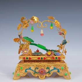 An Exquisite Filigree and Gilding Inlaid Jadeite Ruyi Ornament,Inlaid Gems