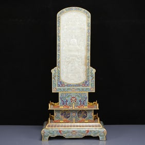 A Huge Cloisonne Inlaid White Jade Sakyamuni Statue Pattern Table Screen,with an Imperial Poem by
