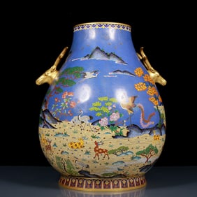 A Huge Cloisonne Deer and Crane Pattern Double-Ears Vase