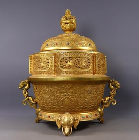 A Rare Gilt Bronze Auspicious Cloud,Bats and Crane Pattern Dragon-Ears Tripod Censer,Inlaid Gems