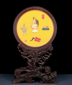 A Huge Zitanwood Inlaid Gems Bo Gu Pattern Table Screen