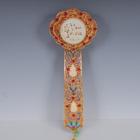 An Exquisite Filigree and Gilding Inlaid White Jade Flower Pattern Ruyi Ornament,Inlaid Gems
