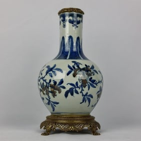 An Exquisite Blue and White Underglaze-Red Inlaid Bronze Fruit Pattern Vase