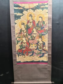 A Chinese Vertical Scroll Ink Painting of Buddha on Silk,Guan Xiu