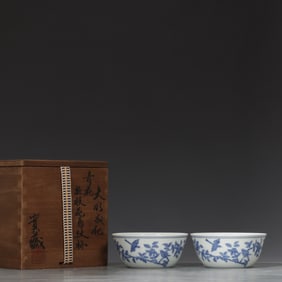 A Pair of Exquisite Blue and White Flower and Bird Pattern Cups,With Sanskrit