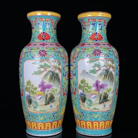 A Pair of Exquisite Turquoise Ground Enamel Painted Gold Landscape Pattern Figure Pattern Vases