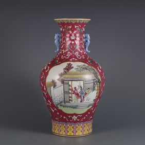 A Rare Ruby Red-Glazed Famille-Rose Painted Gold Character and Story Pattern Double-Ears Vase