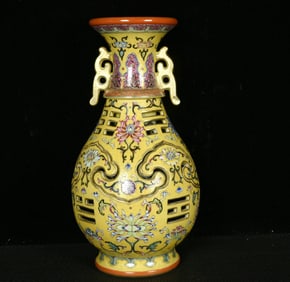 A Rare Yellow Ground Enamel Painted Gold Lotus Pattern Double-Ears Vase