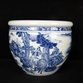 A Huge Blue and White Landscape and Goat Pattern Vat