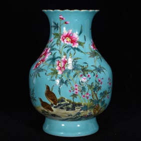 A Rare Famille-Rose Turquoise Glazed Painted Gold Flower and Bird Pattern Vase,With Poem