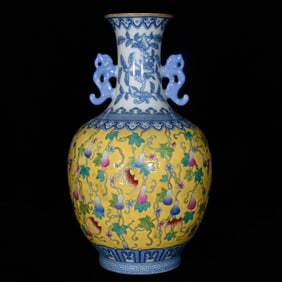 An Exquisite Blue and White Yellow Ground Enamel Bats and Gourd Pattern Double-Ears Vase