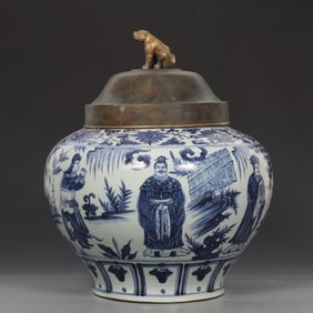 A Huge Blue and White Character and Story Pattern Jar,With Silver Beast Cover