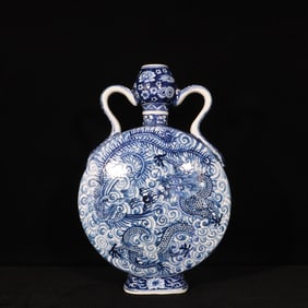 A Rare Blue and White Auspicious Cloud,Dragon and Phoenix Pattern Double-Ears Vase