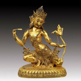 A Solemn Gilt Bronze Statue of Bodhisattva,Inlaid Turquoise