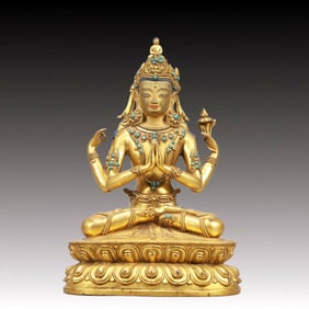 A Solemn Gilt Bronze Inlaid Gems Statue of Bodhisattva