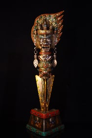 A Rare Bronze Inlaid Gems and Dzi Bead Vajry Pestle