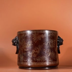 An Exquisite Bronze Inlaid Silver Flower Pattern Lion-Ears Censer