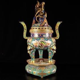 A Huge Cloisonne Flower and Auspicious Beast Pattern Double-Ears and Beast-Legs Censer