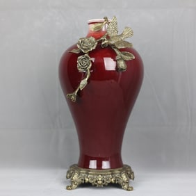 A Huge Red Glazed Inlaid Bronze Flower and Bird Pattern Vase