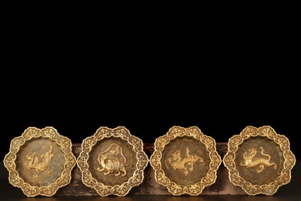 A Set of Rare Gilt Bronze Auspicious Beast Plates