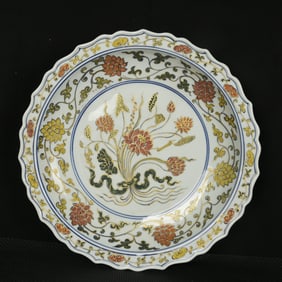 A Huge Wucai Painted Gold Lotus Pattern Plate