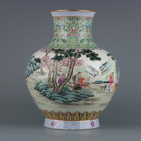 An Exquisite Famille-Rose Painted Gold Landscape and Figure Pattern Vase
