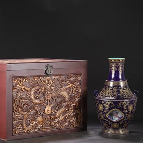 A Rare Ji Blue Glazed Enamel Painted Gold Hollow Lotus Pattern Double-Ears Vase