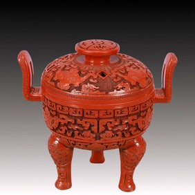 An Exquisite Carved Red Lacquer Beast-Face Pattern Double-Ears and Tripod Censer