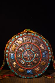 A Rare Bronze Inlaid Dzi Bead and Turquoise Painted Color Eight Treasures Pattern Tangka