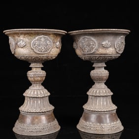 A Pair of Exquisite Silver Lotus Pattern Candlesticks
