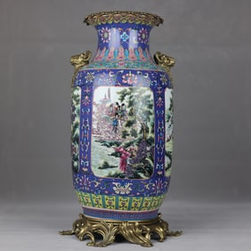 A Huge Blue Ground Famille-Rose Inlaid Bronze Landscape and Figure Pattern Goat-Ears Vase