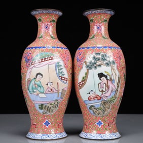 A Pair of Exquisite Painted Enamel Flower and Figure Pattern Vases