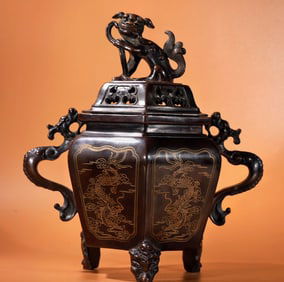 An Exquisite Bronze Inlaid Silver Auspicious Cloud and Dragon Pattern Dragon-Ears Tripod Censer,With