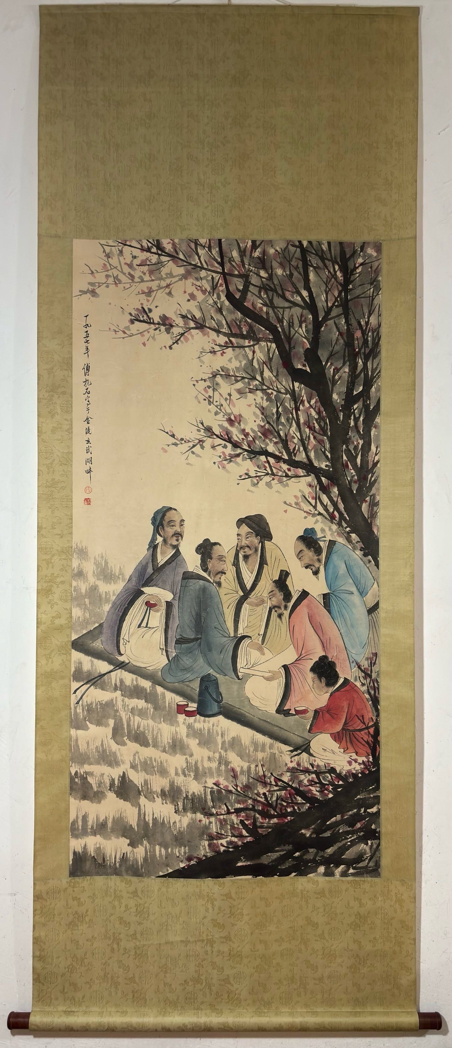 A Chinese Vertical Scroll Ink Painting of Figure on Paper,Fu Baoshi: A Chinese Vertical Scroll Ink Painting of Figure on Paper,Fu Baoshi,Size:(Without frame)54.7inx26.4in 一幅中国水墨人物画立轴,傅&