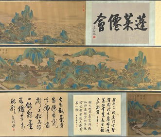 A Chinese Hand Scroll Ink Painting of Landscape and Figure on Silk,Yu Zhiding