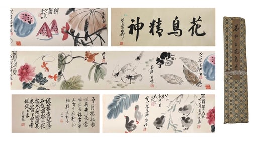 A Chinese Hand Scroll Ink Painting of Flower and Bird on Paper,Lou Shibai