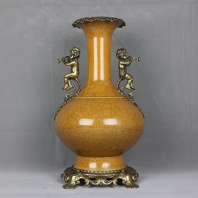 A Huge Yellow Glazed Inlaid Bronze Figure-Ears Vase